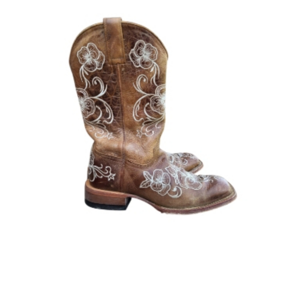 Shyanne Lasy Floral Embroider Broad Square Toe Leather Cowboy Boot Brow Women 10 - Picture 3 of 16
